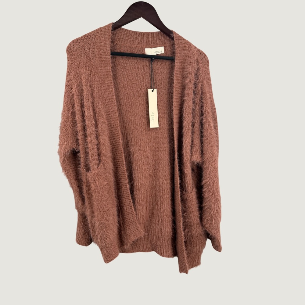 Pinch Rust Terracotta Eyelash Cardigan Sweater Size S/M Open Front Fuzzy New